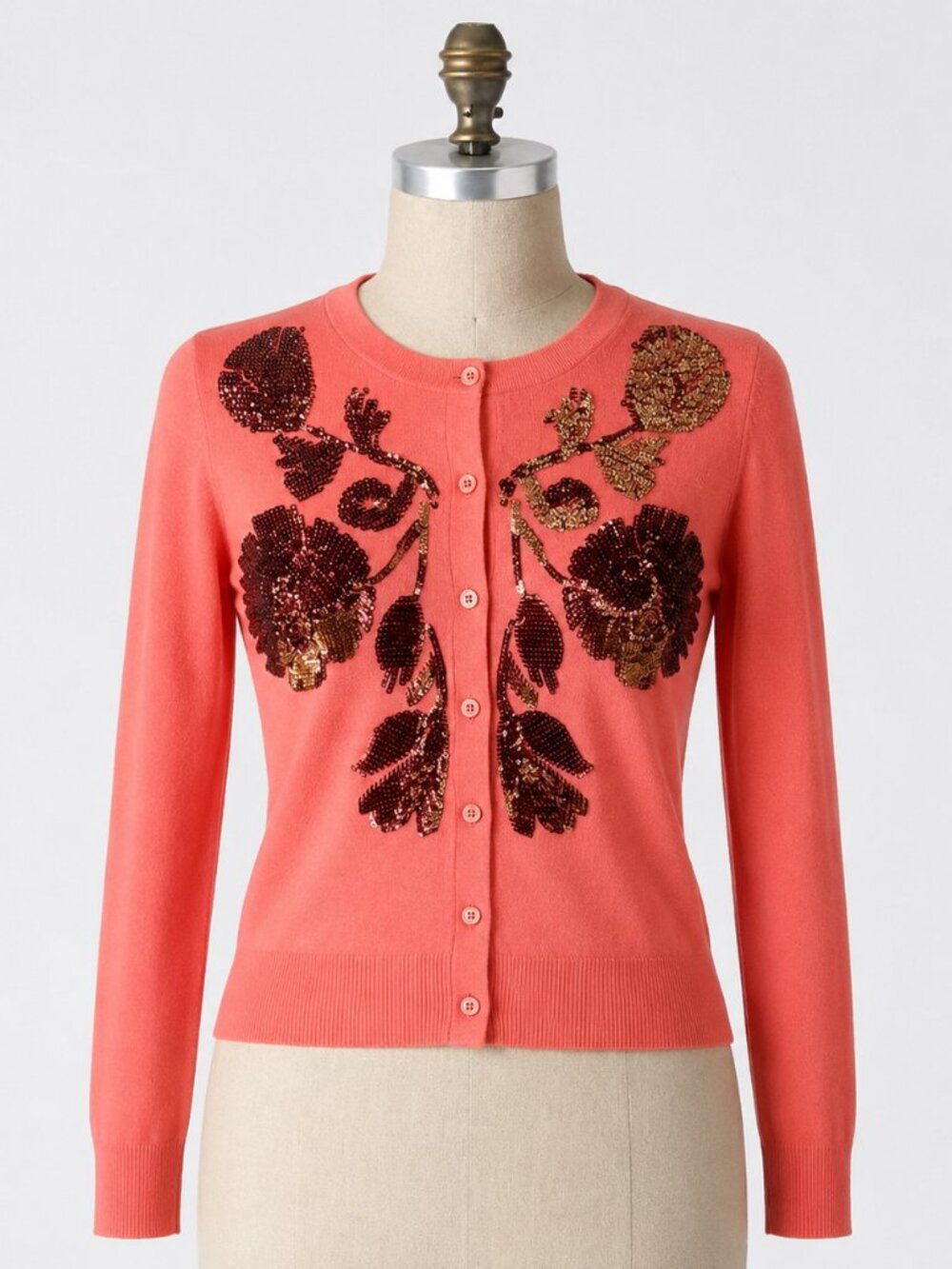Coral Sequin Floral Crewneck Cardigan